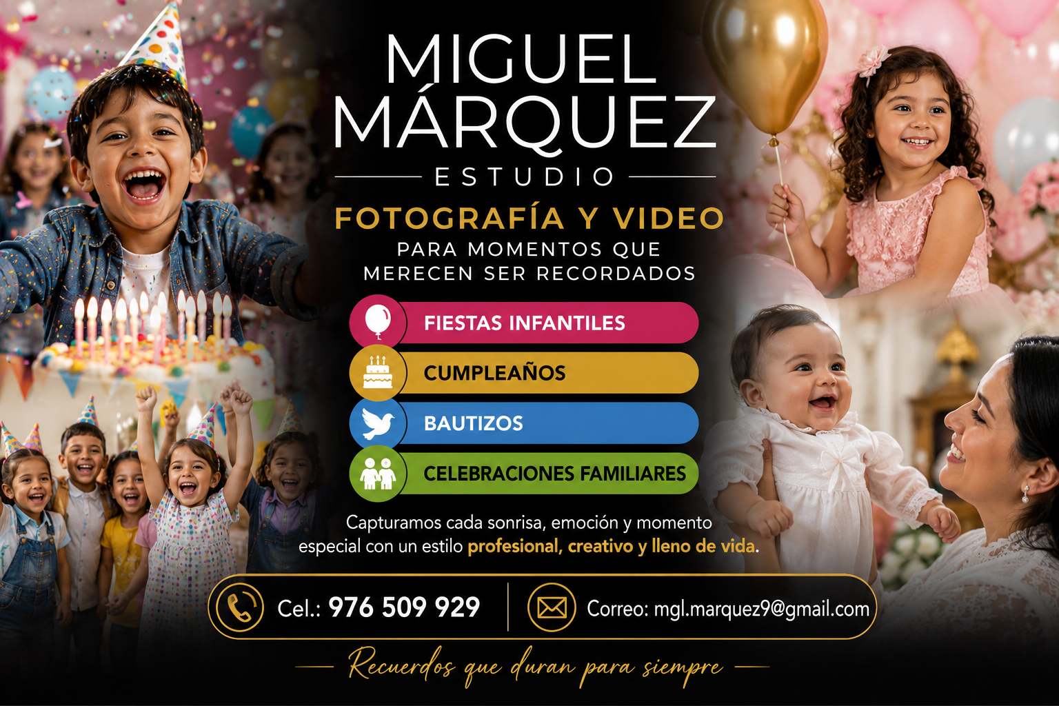Servicios de foto y video para fiestas infantiles