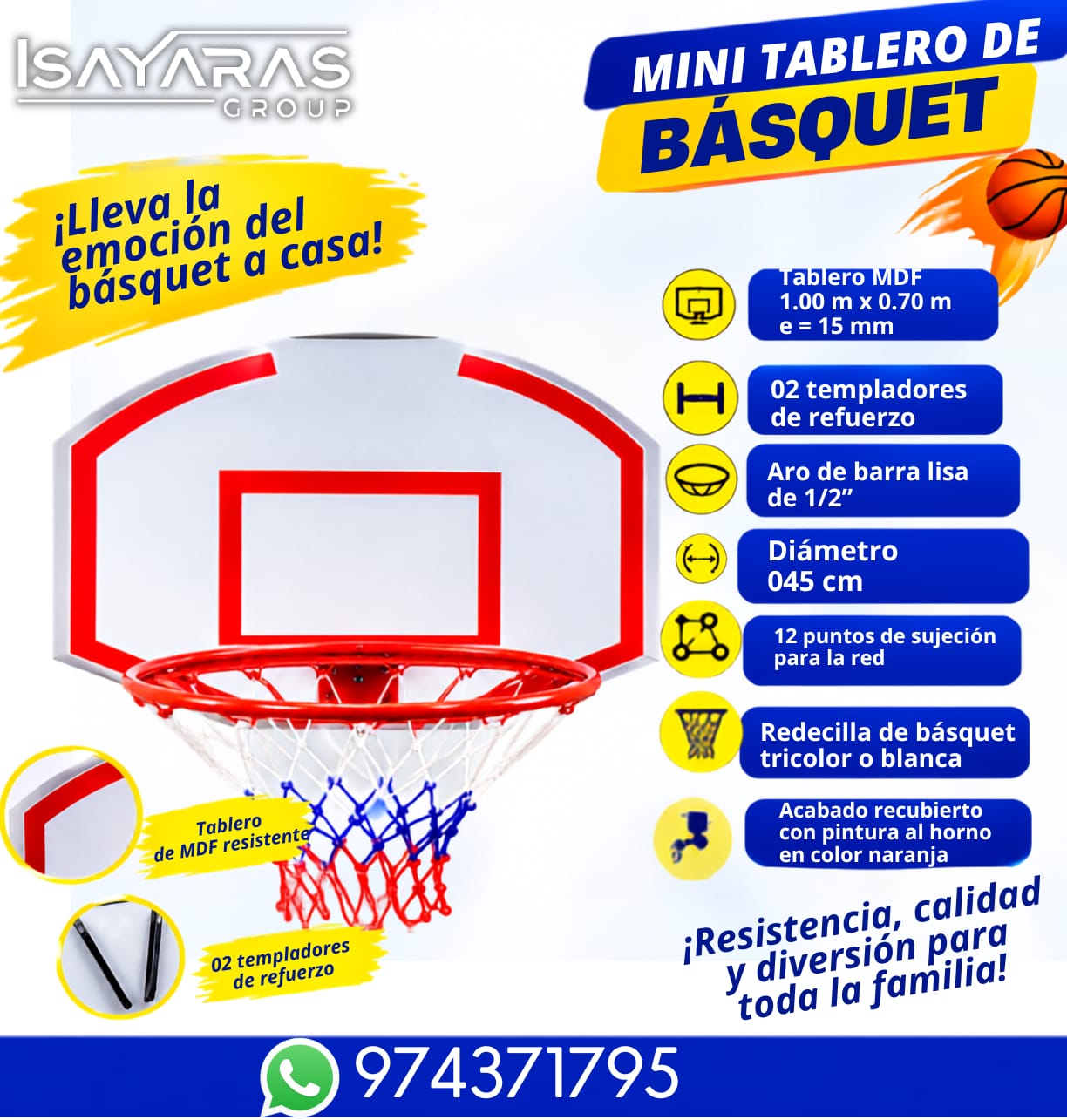 MINI TABLERO DE BASQUET LINEAS ROJAS /Isayaras Group