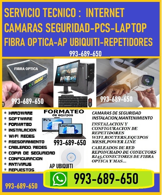 Instalaciónes y Reparación: Internet,Fibra Óptica, Cámaras y Pcs,Laptops
