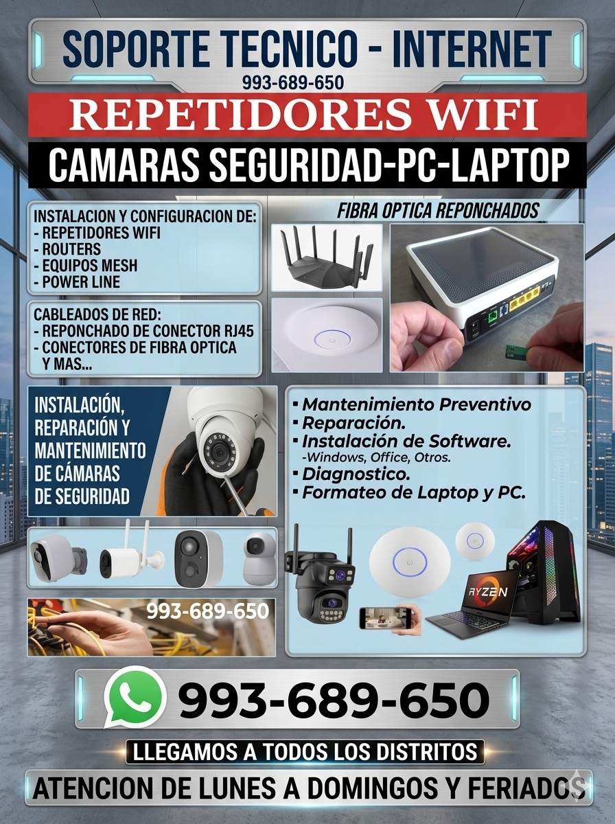Técnico a Domicilio:Reparaciones Internet,Cámaras Seguridad,Fibra optica,Pc,laptops